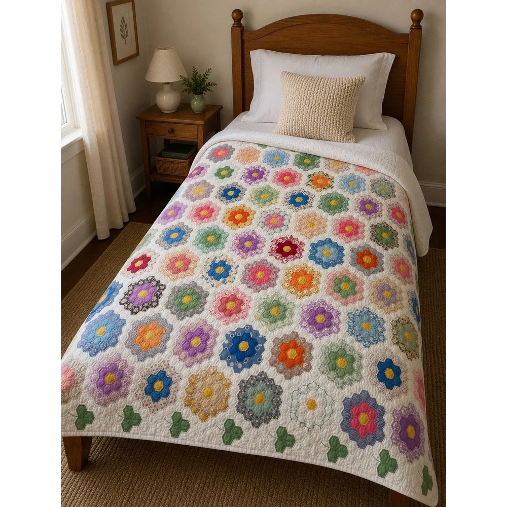 Vintage Grandmother's Flower Garden Hand Quilted Patchwork Quilt 84x69 Multi